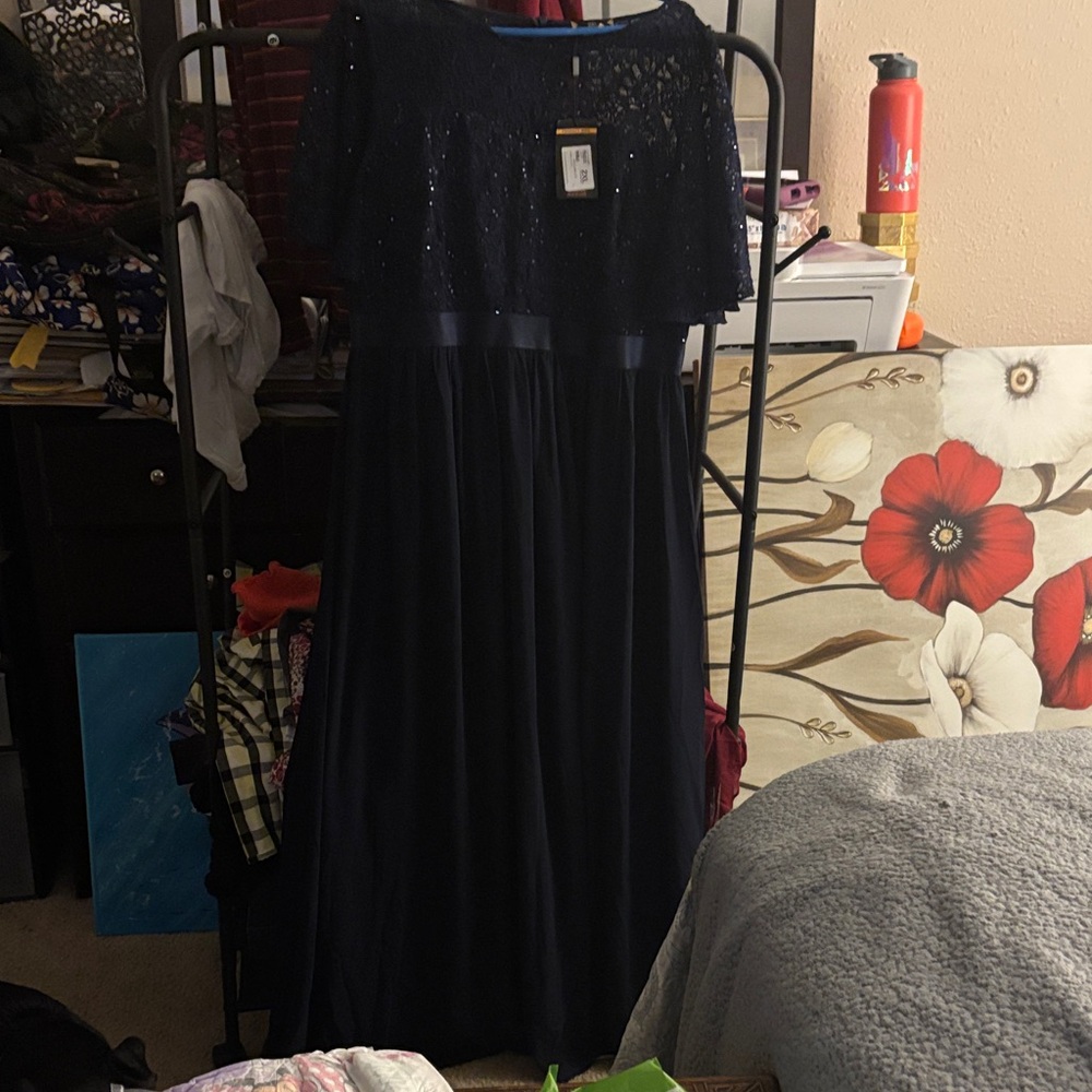 Miusol Navy Blue Sequin Cape Evening Gown